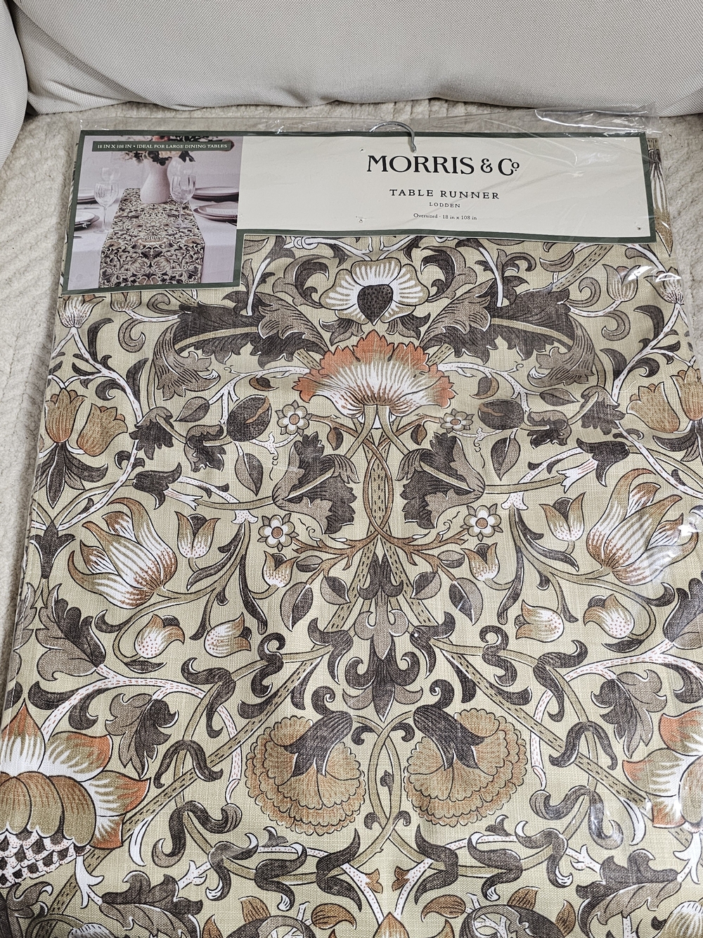 Morris & Co. Floral Table Runner Lodden Beige, Brown & Orange Oversized 18x108